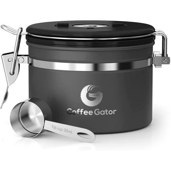 Coffee Gator Stainless Steel Coffee Grounds and Beans Container Canister with Date - Tracker CO2 - Release Valve and Measuring Scoop Small Gray - NEOMINOA LTD